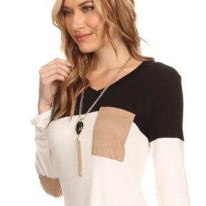 White and Black long sleeve with faux suede accent